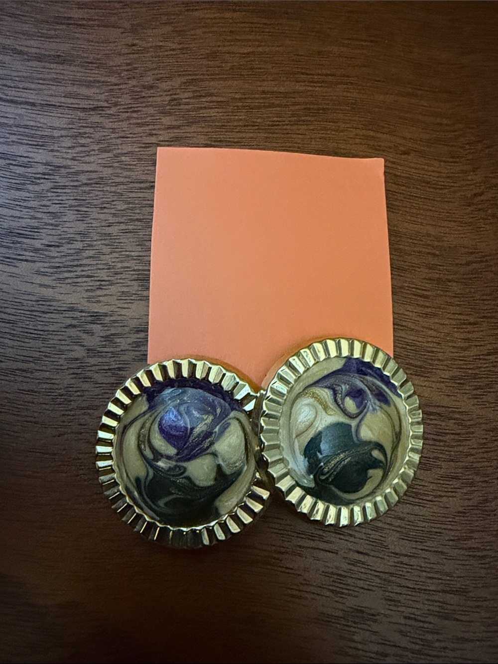 Gold Rim Marble Swirl Statement Earrings - Purple & Cream